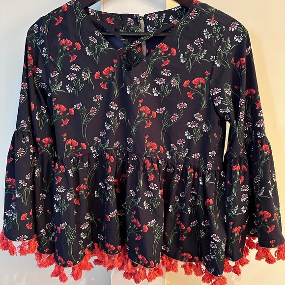 FLORAL BOHO BLOUSE, PEPLUM WITH POM POMS, TOKYO TALKIES URBAN, SIZE M - Picture 1 of 9